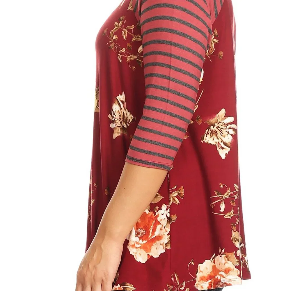 Women Plus Size Striped Sleeve Floral Printed Raglan Jersey Tunic Knit Top Tee